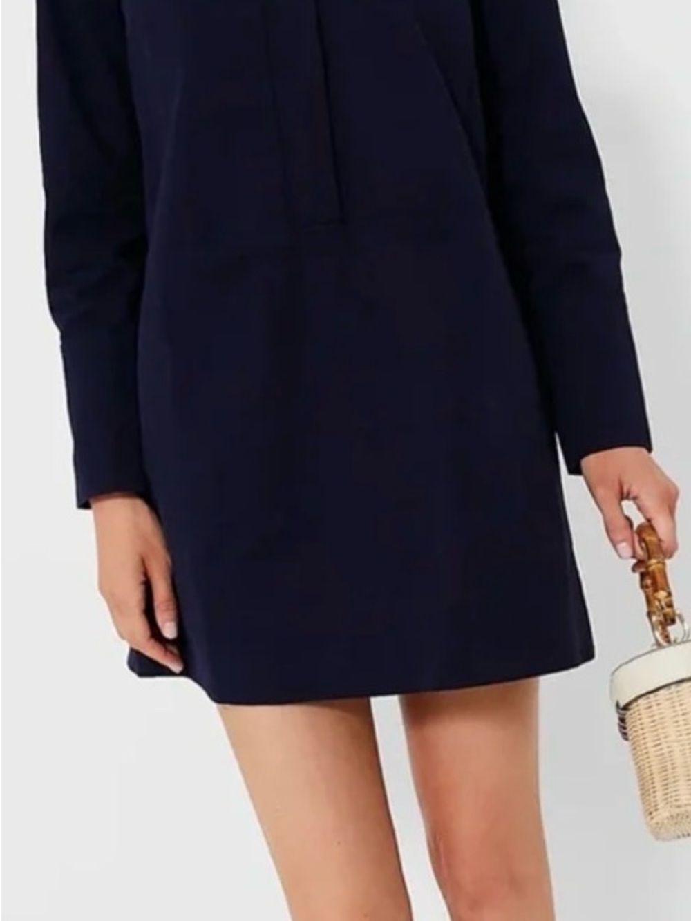 Pomander Place Navy Solid Shirt Dress S Collared Long Sleeve Short Rayon Pockets